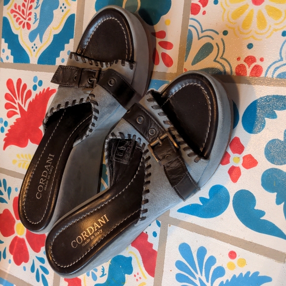 Leather Cordani Wedge Sandals, Size 7, Light Blue - Picture 1 of 10